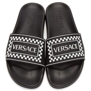 Versace Black White 90s Logo Check Rubber Slide Pool Sandal Flip Flop Flat 44 11